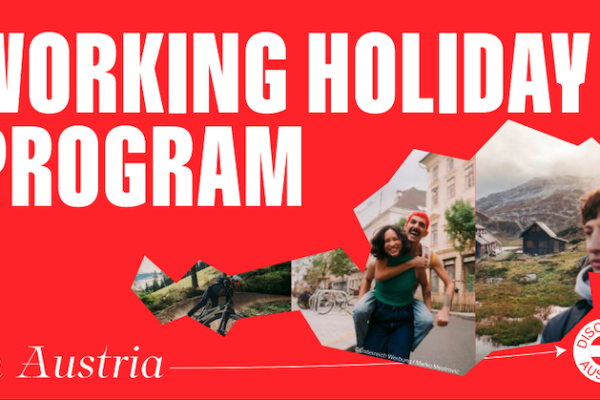 Working holiday program poster shows photo of woman giving man a piggy back ride and another man standing in front of a rural hut.