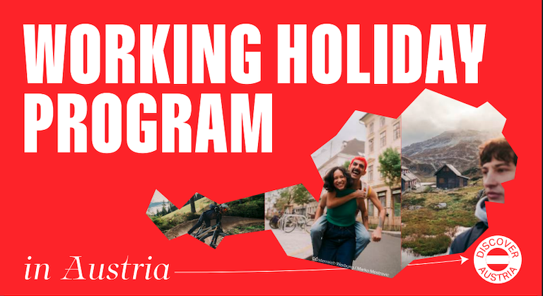 Working holiday program poster shows photo of woman giving man a piggy back ride and another man standing in front of a rural hut.