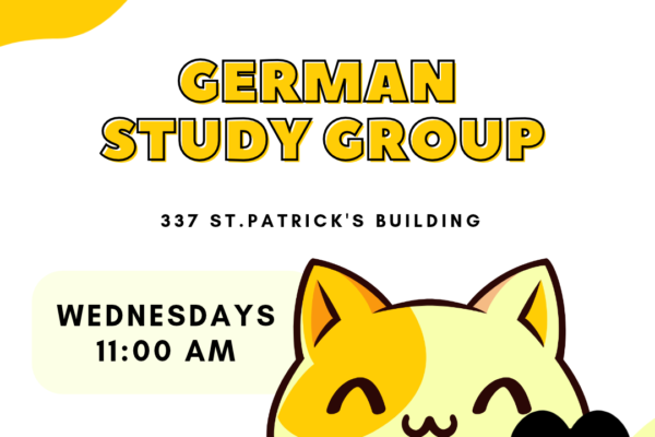 German study group poster shows a yellow cat with a German flag in a love heart.