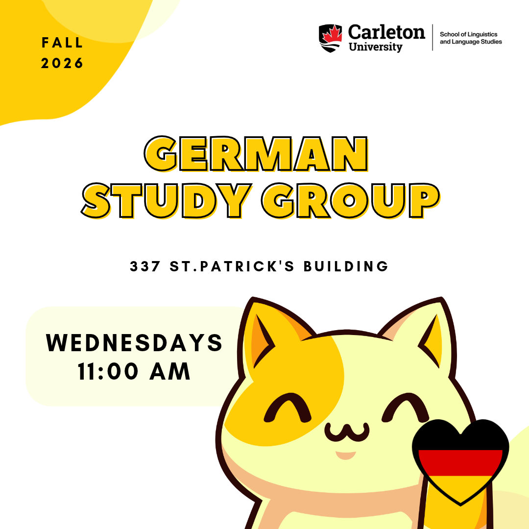 German study group poster shows a yellow cat with a German flag in a love heart.