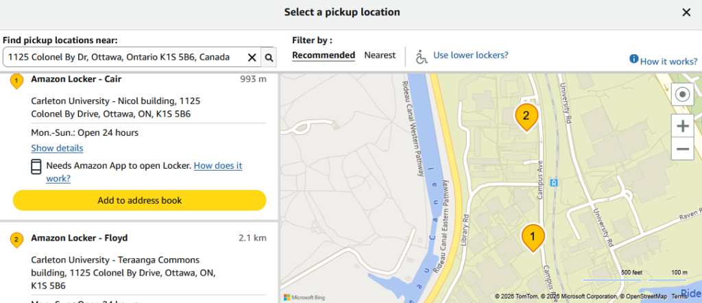 Image of Amazon locker locations on campus, from the Amazon website.