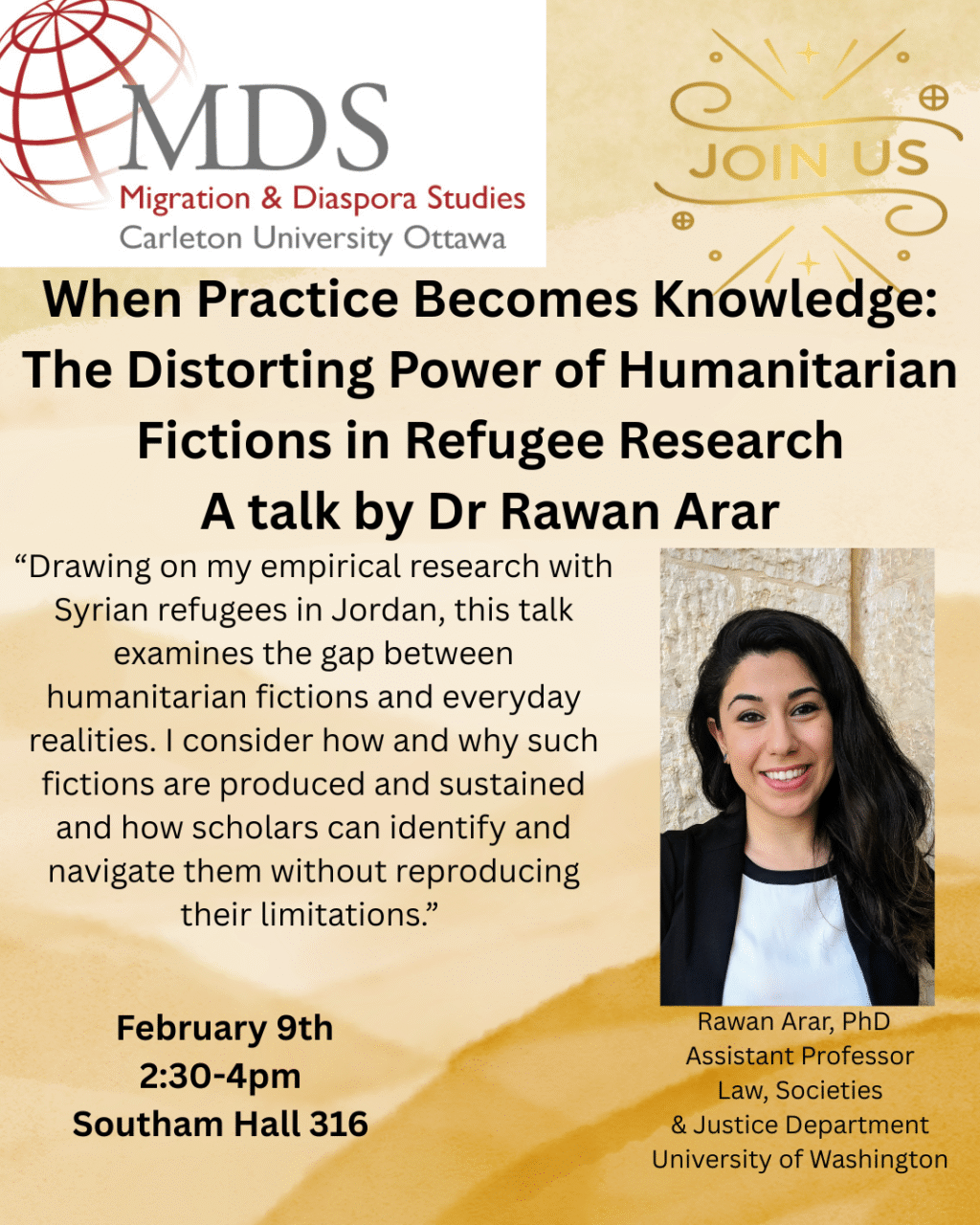 When Practice Becomes Knowledge: The Distorting Power of Humanitarian Fictions in Refugee Research. A talk by Dr Rawan Arar