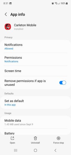 Screenshot of the Andorid device settings page for Carleton Mobile showing if push notifications are allowed on the device.