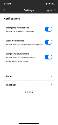 Screenshot of the Carleton Mobile settings page on iPhone showing push notification settings