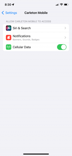 Screenshot of the iPhone device settings page for Carleton Mobile.