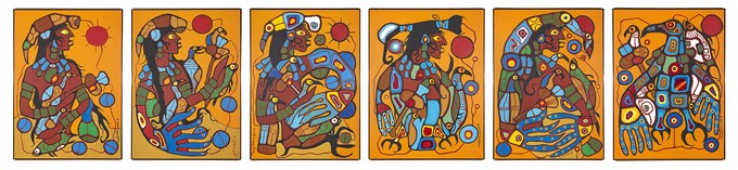 Image of the 6 panels of Morrisseau's famous painting Man Changing into Thunderbird.