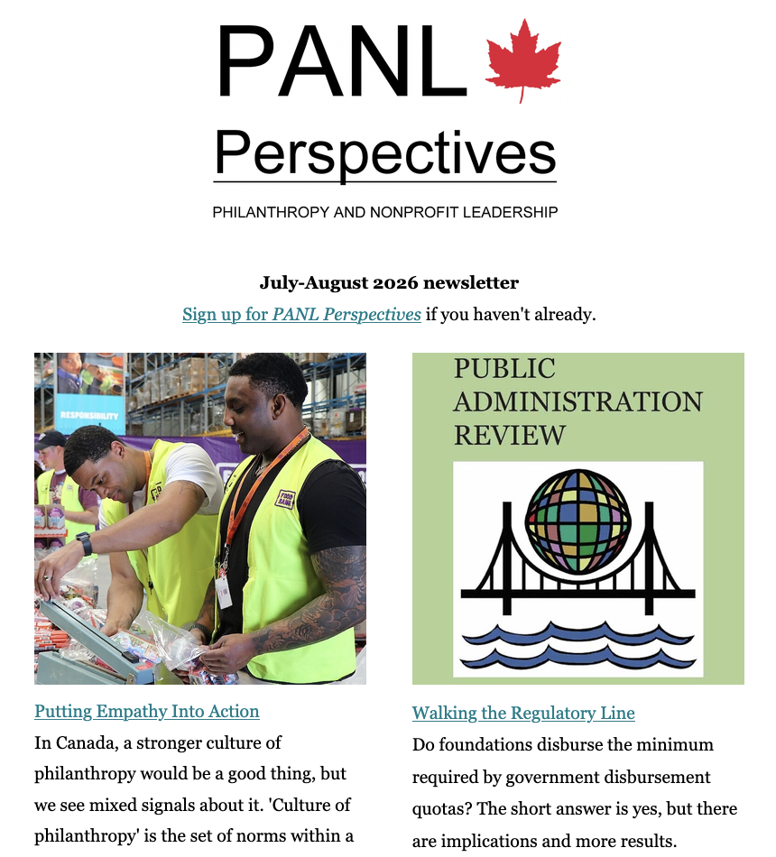 The first page of the PANL Perspectives July-August newsletter features two men volunteering at a food bank.