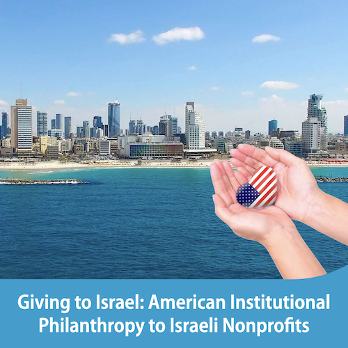 Two hands hold a heart-shaped American flag extended to a photo of the skyline of Tel Aviv, Israel.