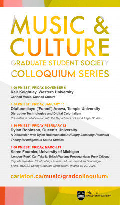 Poster for the Music & Culture Graduate Student Society Colloquium Series, 2020-21