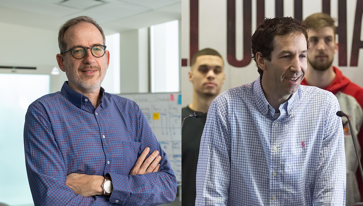 A split image of two people wearing dress shirts, one posing for the camera, and one speaking from a podium.