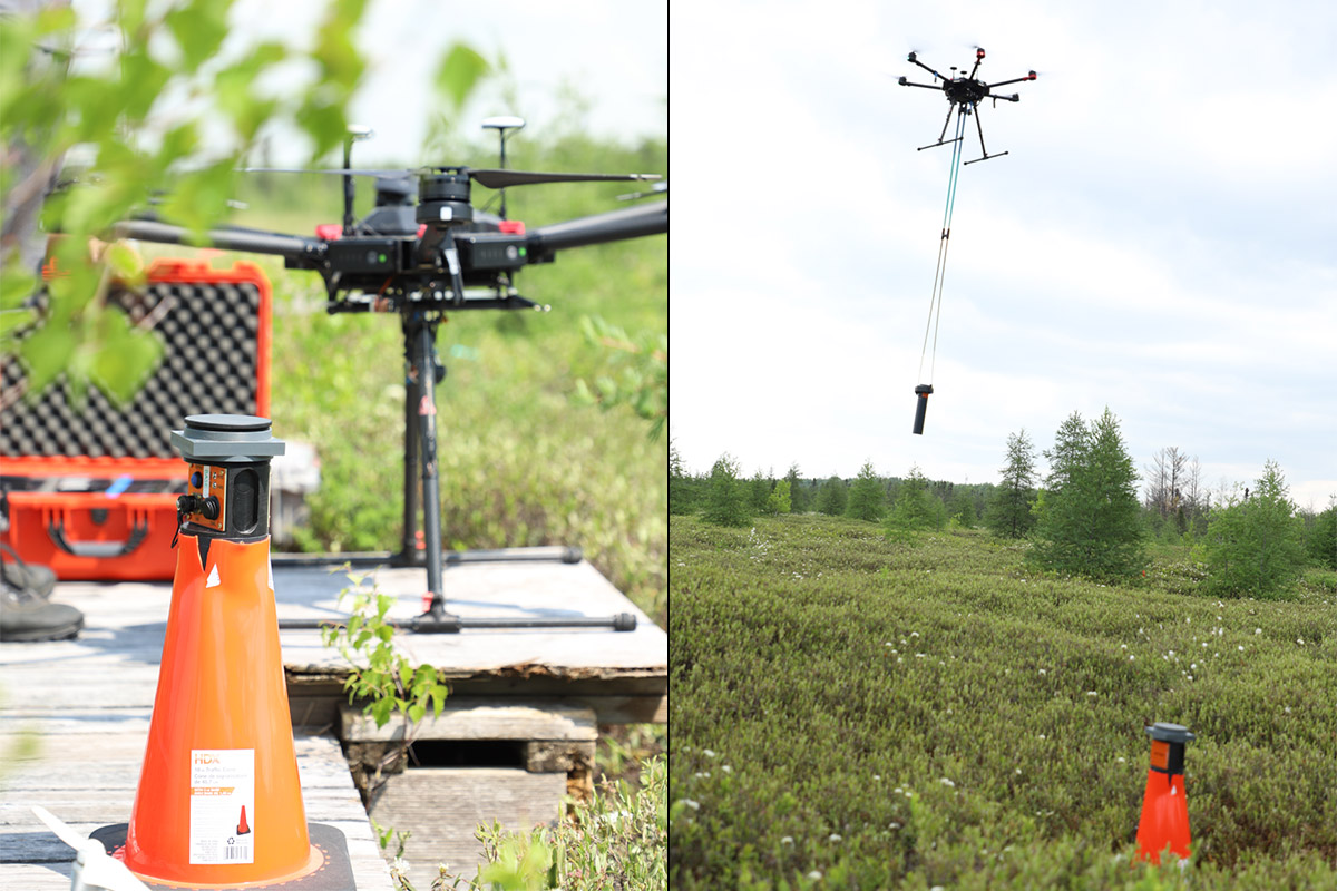 A split image featuring a different drone flying over the Mer Bleue Bog in each image.