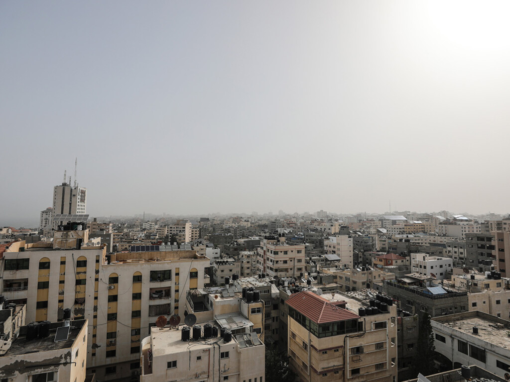 An aerial view of Gaza City during a dust storm.