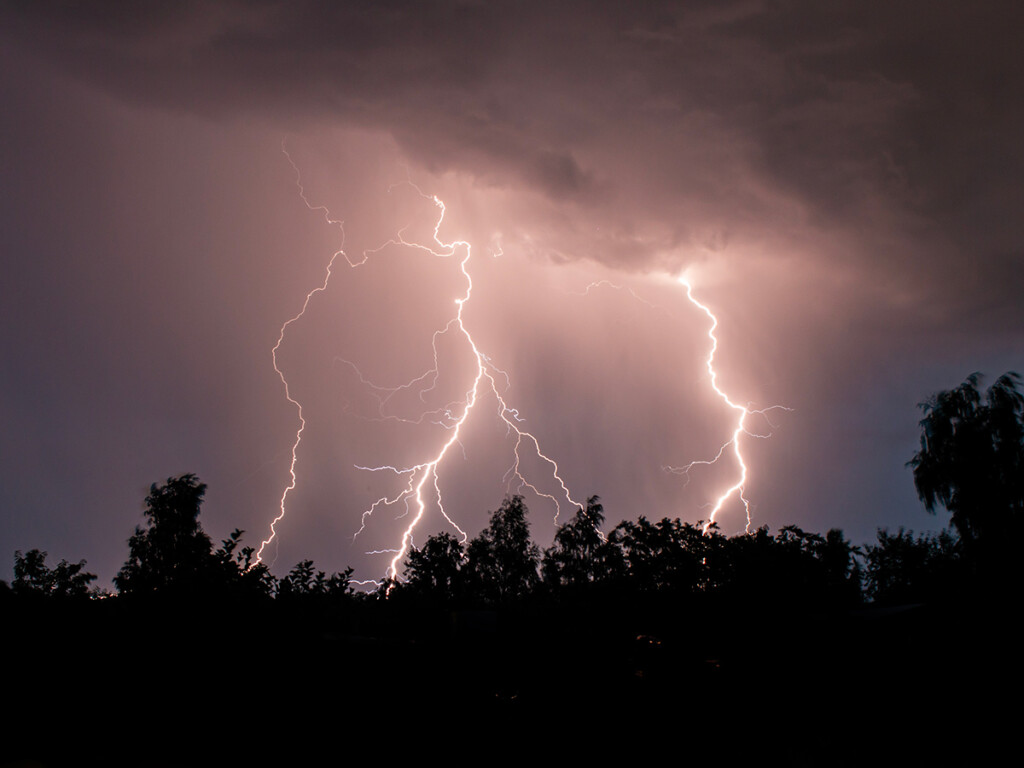 Two bolts of lightning striking behind a large row of trees.