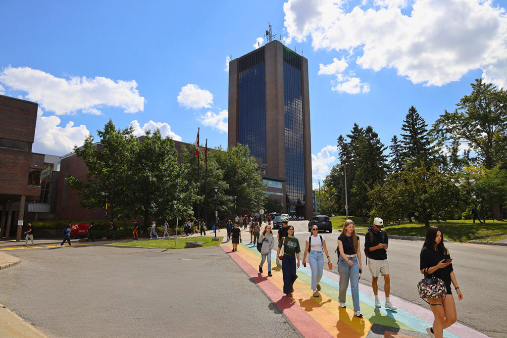 Students walking across a rainbow road at the start of a new academic year.