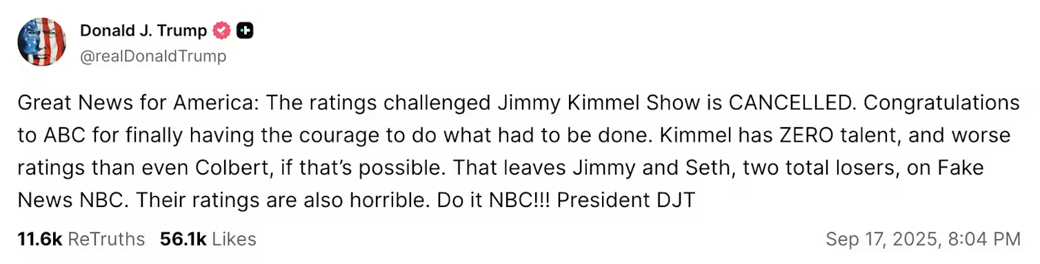 A social media post by Donald Trump saying 'Great News for America' that Jimmy Kimmel's show was 'cancelled'