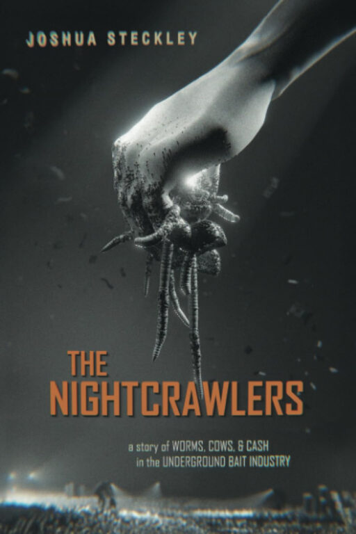 A hand holding a large bunch of worms on the book cover for The Nightcrawlers.
