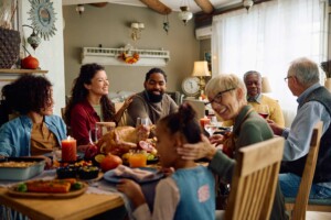 A family gathering for a turkey dinner during the holidays.