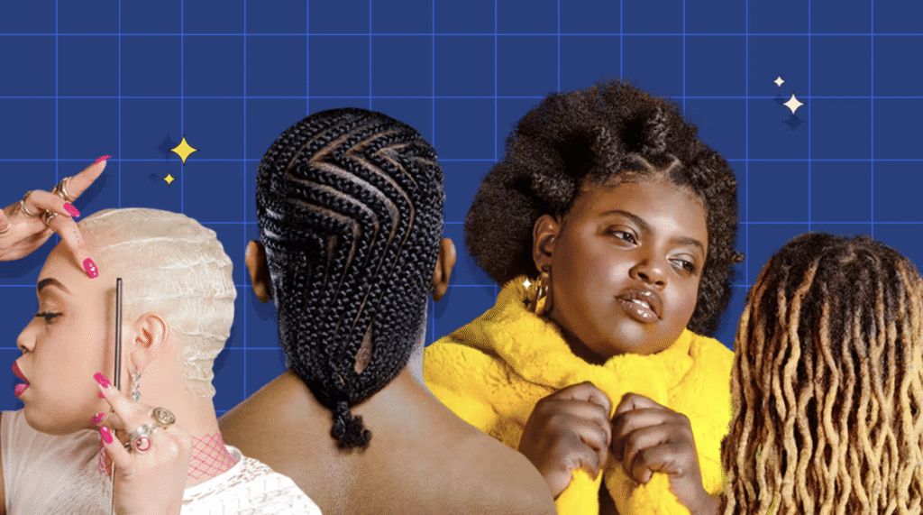 Images of four models showcasing different styles of Black hair.
