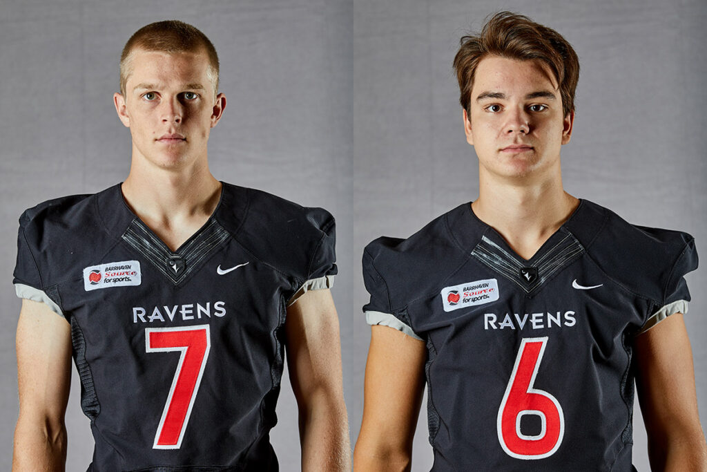 Two professional headshots of football players wearing Carleton University Ravens football uniforms.
