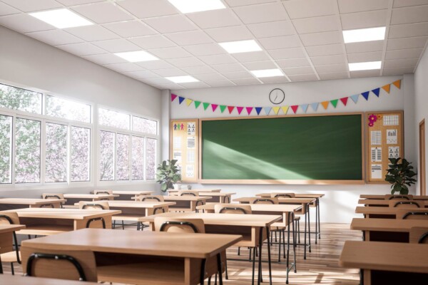An empty classroom inside a school.
