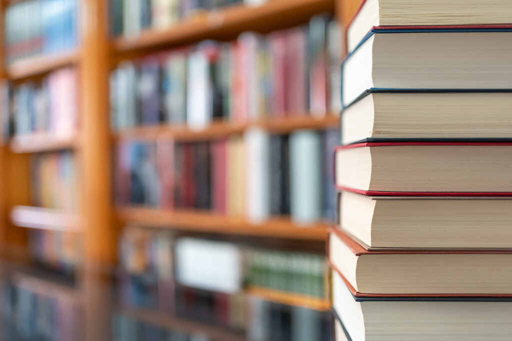 A stack of books inside a library.