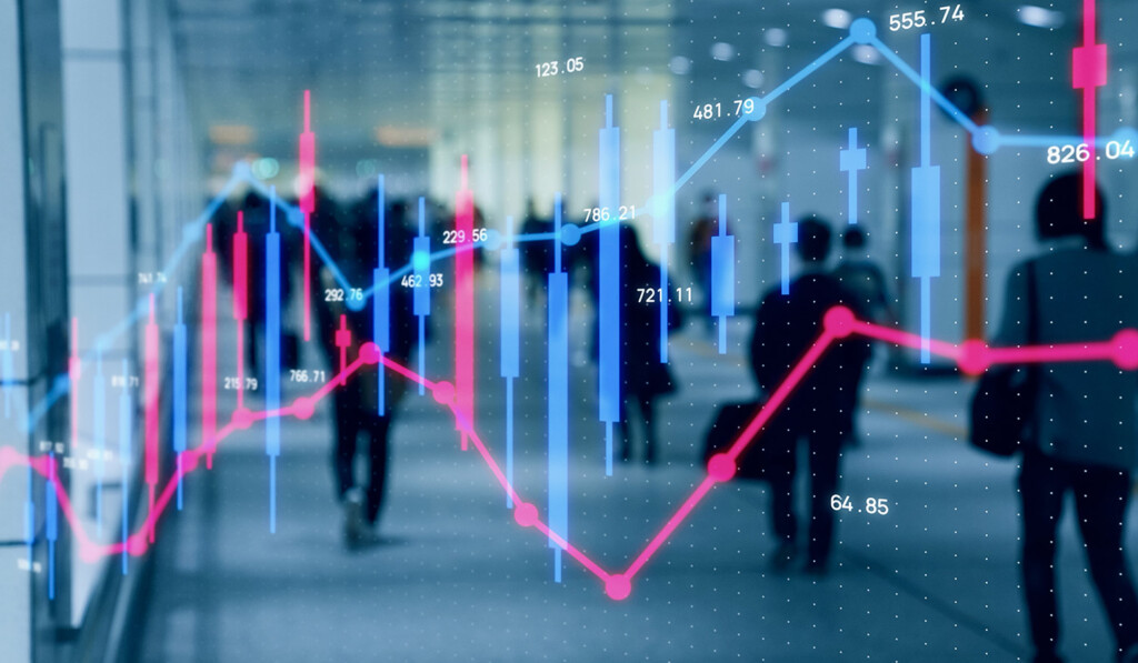 Silhouettes of people walking with stock market indicators overlayed on top.