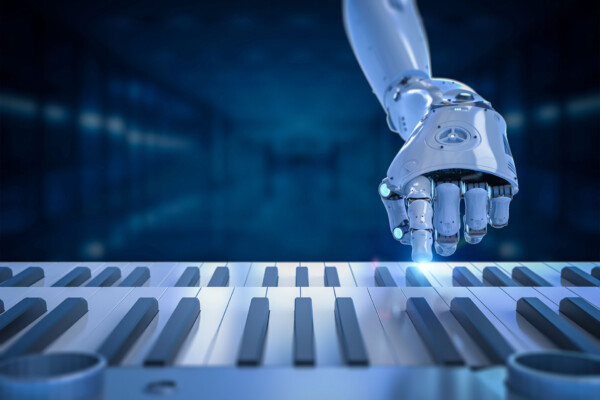 Robotic hand playing piano keys to illustrate AI music creation and its influence on narratives like Alberta separatism.