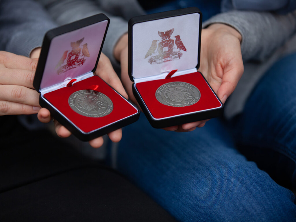 Two medals on display.