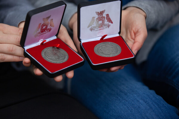 Two medals on display.