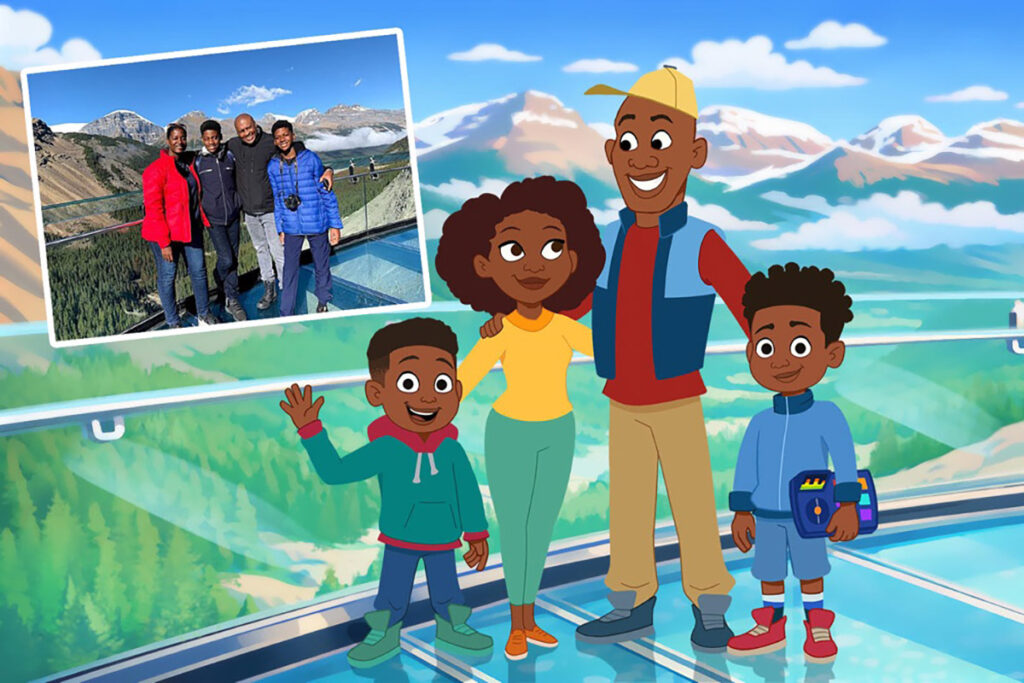 Illustration of the Globe Bros family, inspired by Heather Greenwood Davis and her family's travels around the world.