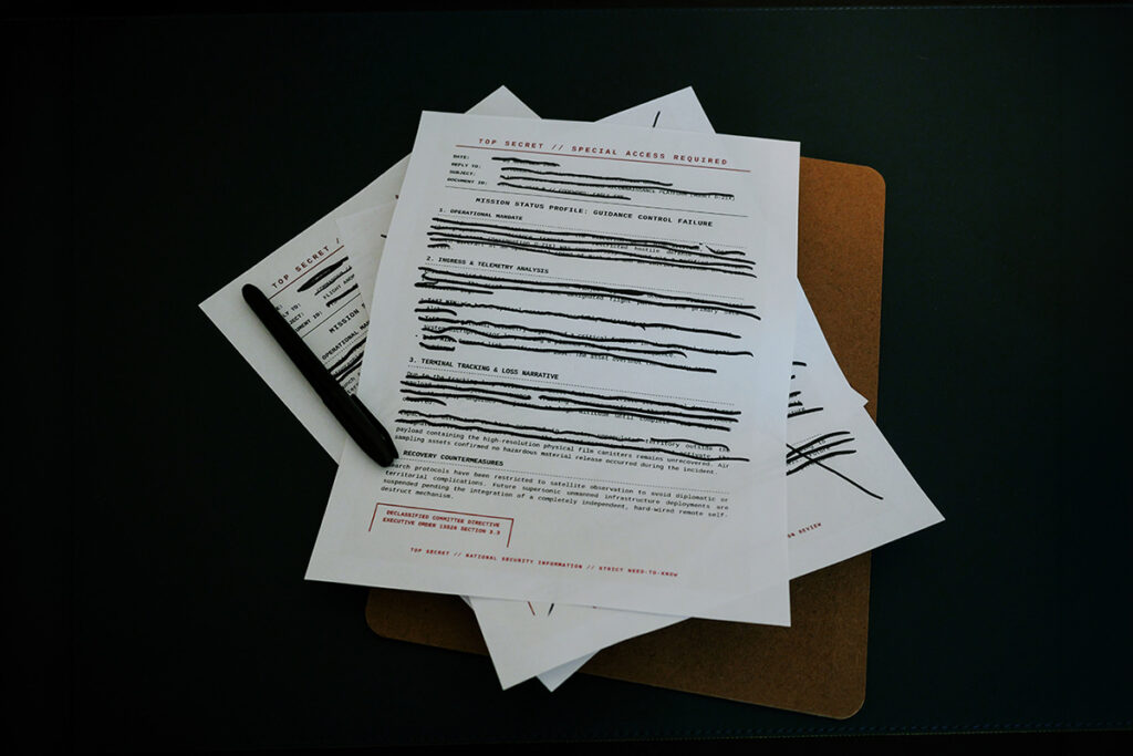 A pen resting on a stack of redacted documents.