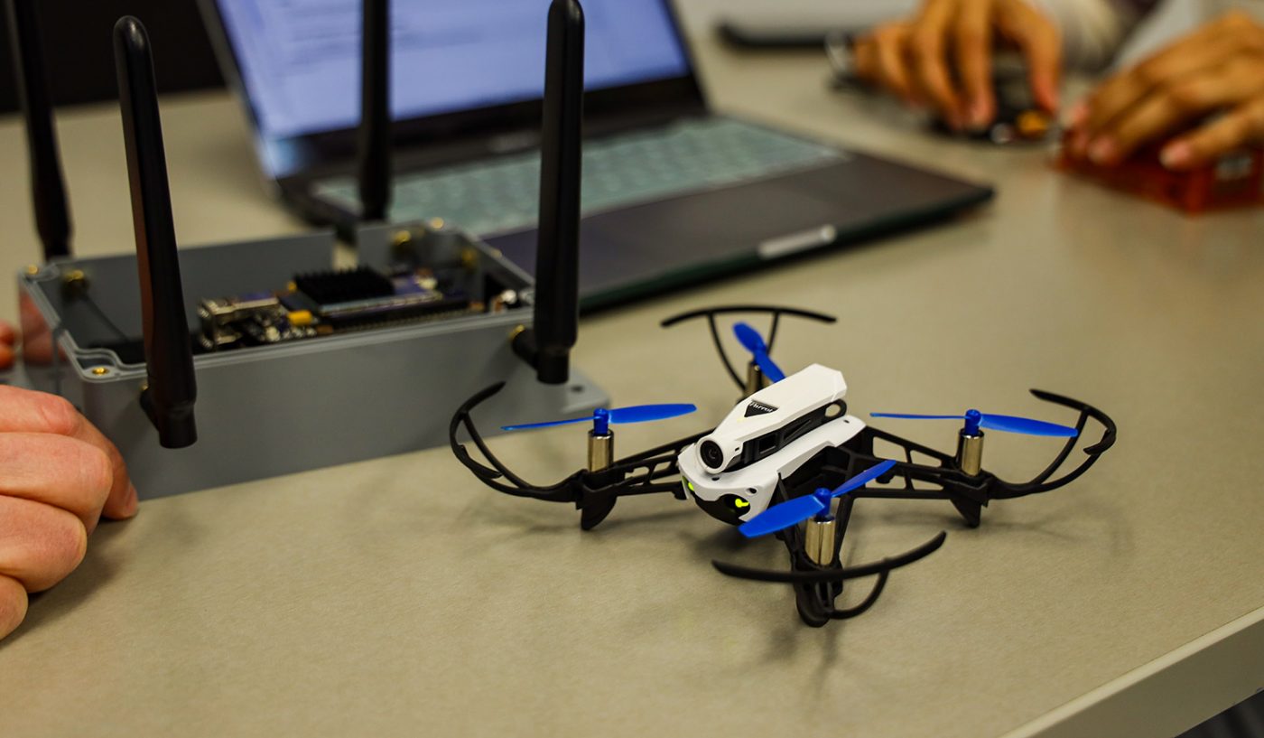 A drone resting on a desk.