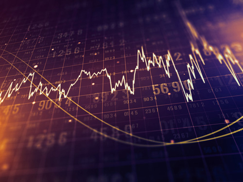 An artist's concept of a stock market trading screen with two charts displayed and various numbers in the background.