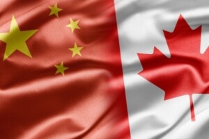 Flags waving in the wind.