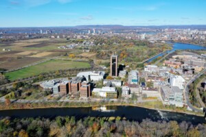 A aerial view of campus in the fall.
