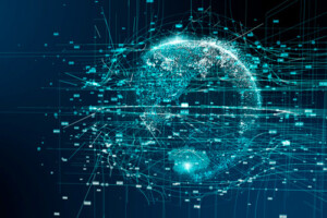 An artistic depiction of the earth made up of data graphics.