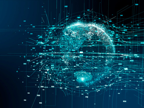 An artistic depiction of the earth made up of data graphics.