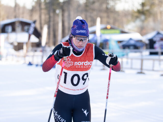 A nordik skier competes on a snow trail.