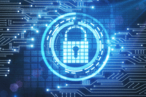 An image of a lock is digitally projected onto a circuit board.