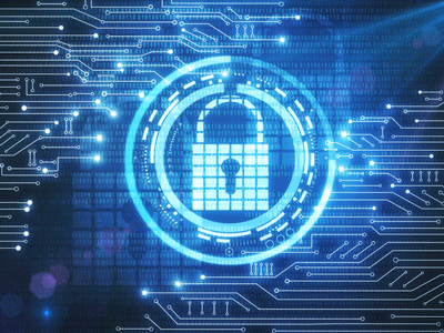 An image of a lock is digitally projected onto a circuit board.
