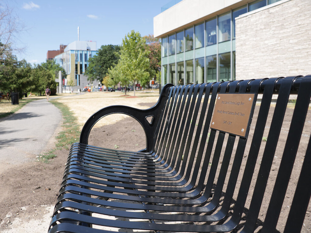 The Farr Bench, situated facing the Rideau River outside RIchcraft Hall.