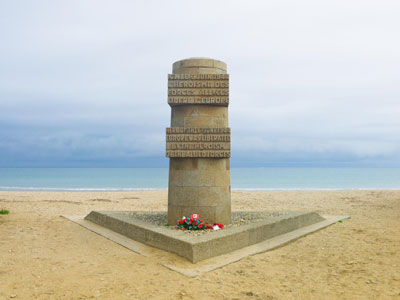 A memorial pillar stands on Juno Beach in France to commemorate D-Day operations during World War Two.