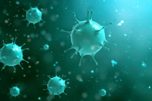 An artistic image of microbes floating in liquid.