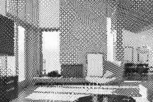 An art piece from the New Image of Home architecture drawing of a living room scene comprised of small dots.