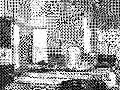 An art piece from the New Image of Home architecture drawing of a living room scene comprised of small dots.