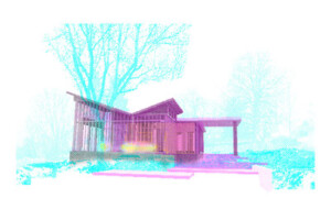 A piece of art depicting a cabin from the exhibition New Image of Home.