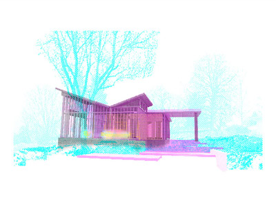 A piece of art depicting a cabin from the exhibition New Image of Home.