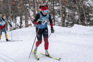 A nordic skier takes part in a race.