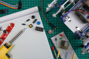 Electronics, tools and robotic supplies lay on a notepad and grid table.