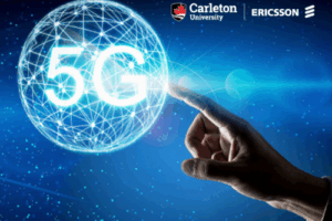 Concept design of a hand reaching out a finger to touch a 5G tech globe.